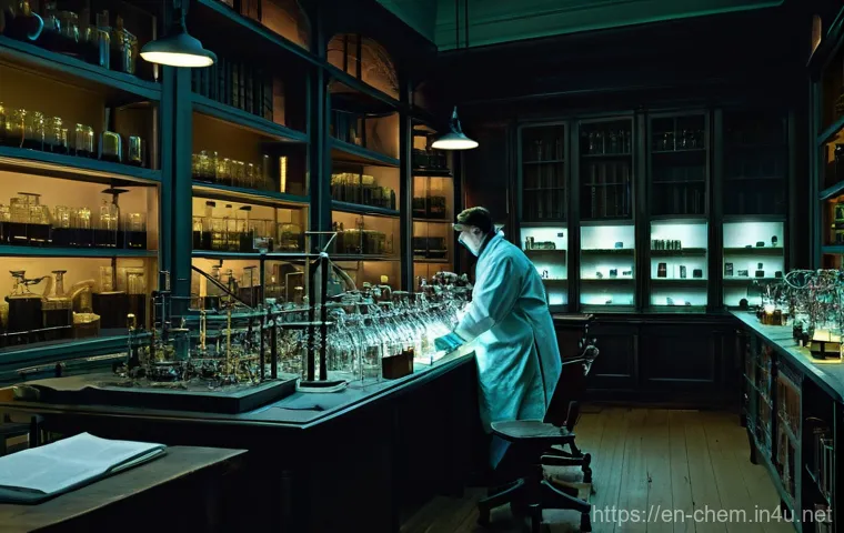 화학의 역사와 미래 - **Prompt:** A visually rich scene depicting the evolution of chemical discovery. On one side, an old...