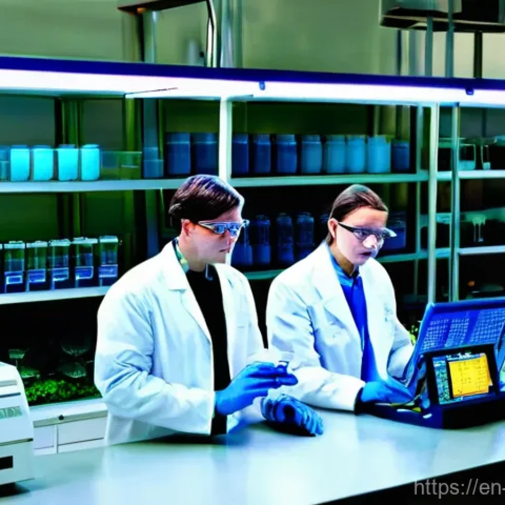 분석화학 - **Prompt:** A state-of-the-art analytical chemistry laboratory. In the foreground, a diverse team of...