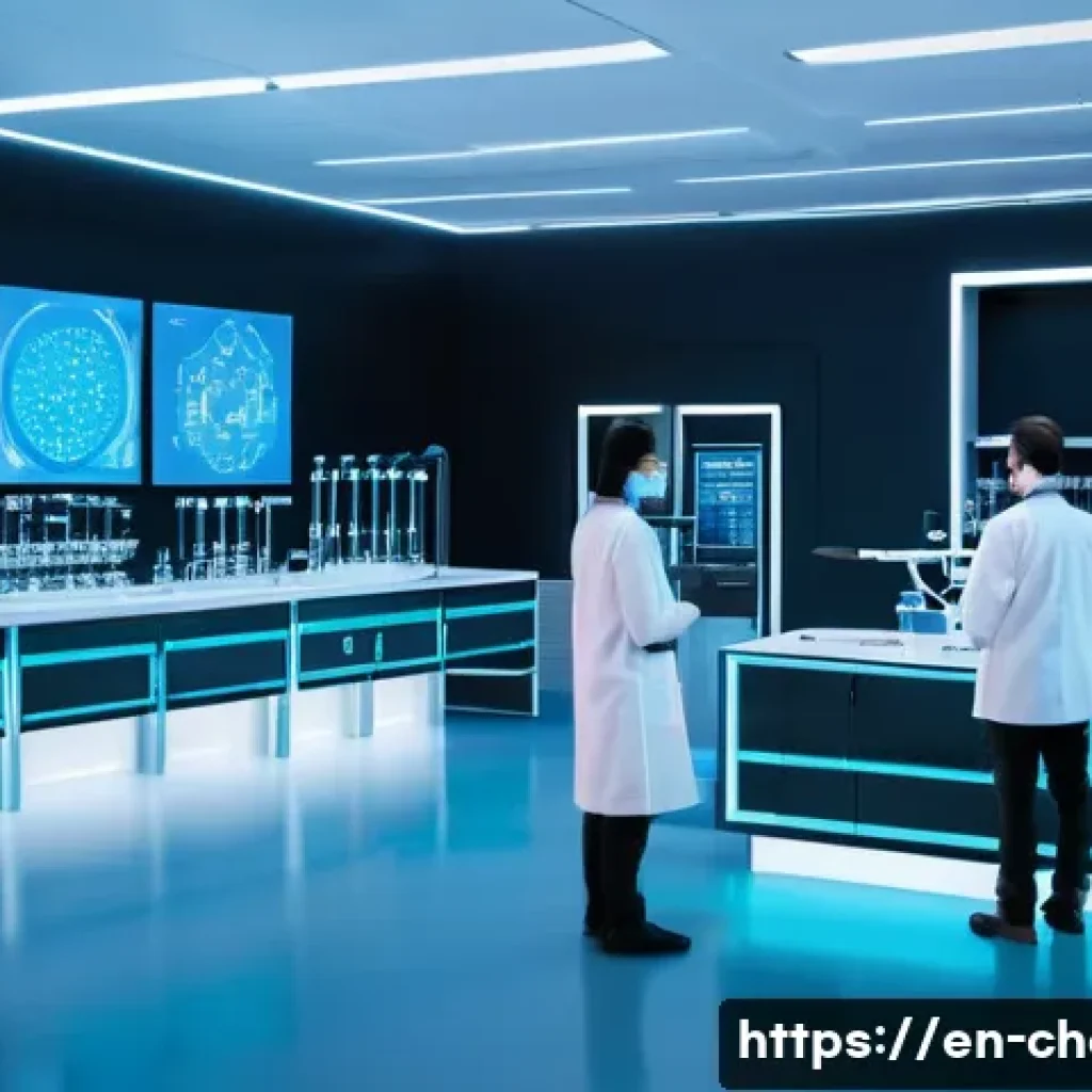 화학의 인공지능 응용 - A futuristic chemical laboratory showcasing AI-driven robotic arms performing high-throughput molecu...