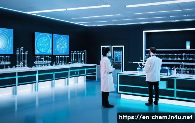 화학의 인공지능 응용 - A futuristic chemical laboratory showcasing AI-driven robotic arms performing high-throughput molecu...