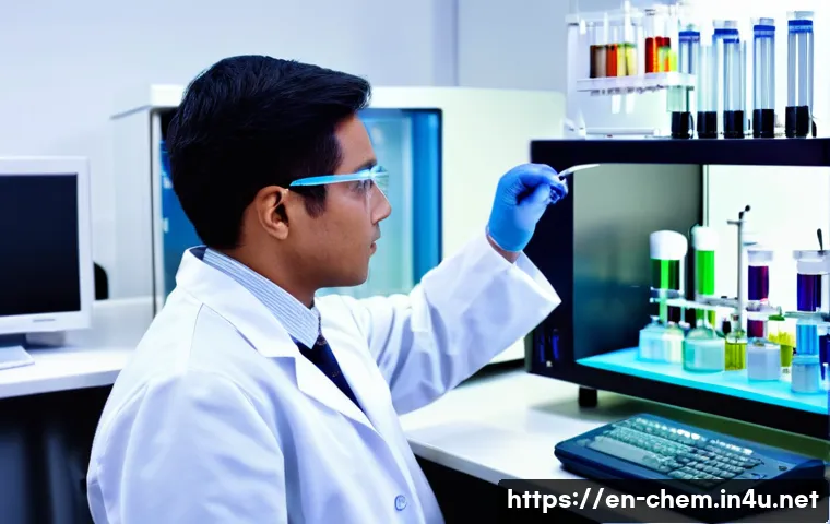 화학적 분석 방법 - A modern chemistry laboratory scene showing a scientist wearing a white lab coat and protective glas...