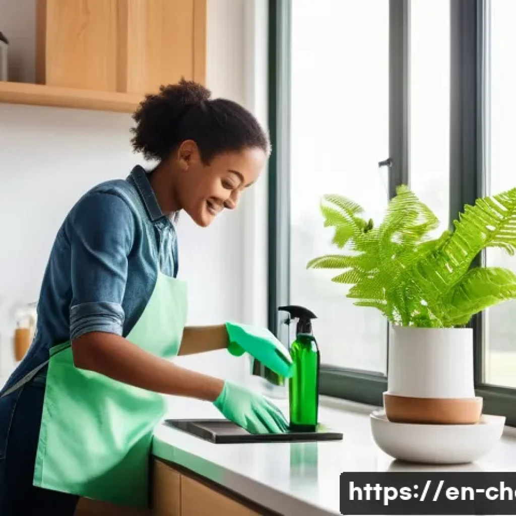 화학에 대한 사회적 이해 - A bright, modern kitchen scene featuring eco-friendly household cleaning products arranged neatly on...