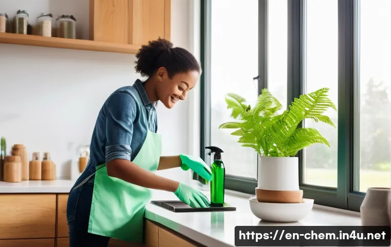 화학에 대한 사회적 이해 - A bright, modern kitchen scene featuring eco-friendly household cleaning products arranged neatly on...