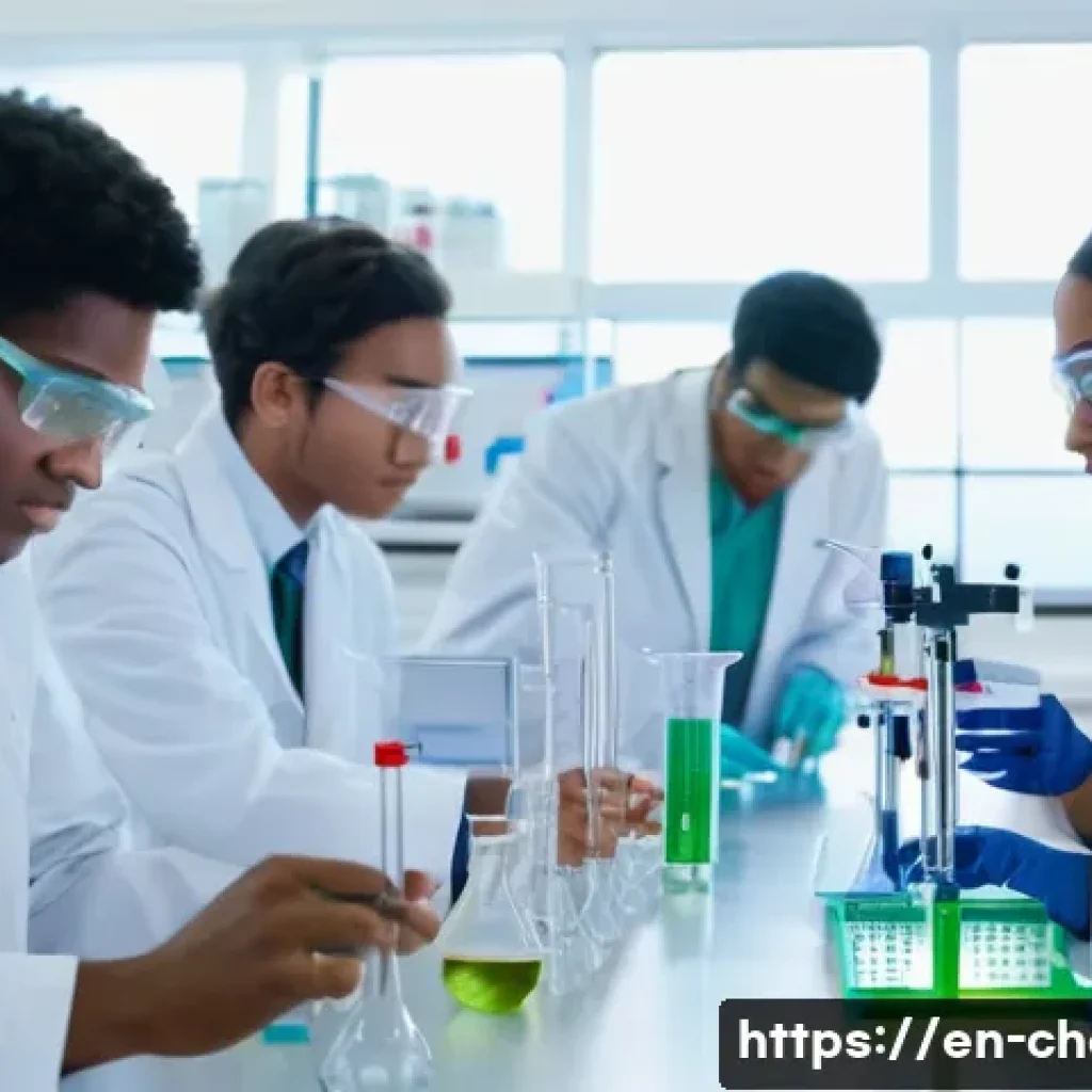 대학 화학 커리큘럼 - A modern chemistry laboratory scene showing a diverse group of young adult students wearing lab coat...