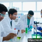 대학 화학 커리큘럼 - A modern chemistry laboratory scene showing a diverse group of young adult students wearing lab coat...