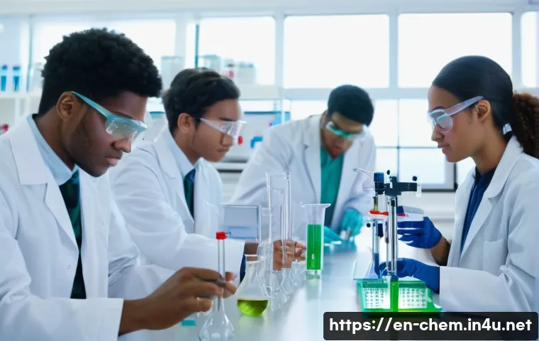 대학 화학 커리큘럼 - A modern chemistry laboratory scene showing a diverse group of young adult students wearing lab coat...