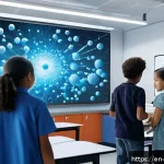 화학 교육의 디지털화 - A vibrant, high-tech chemistry classroom scene featuring students engaged with interactive 3D molecu...