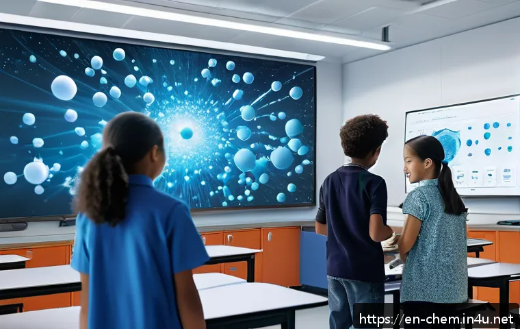 화학 교육의 디지털화 - A vibrant, high-tech chemistry classroom scene featuring students engaged with interactive 3D molecu...