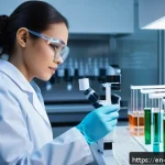 분석화학 기초 - A modern analytical chemistry laboratory scene showing a scientist wearing a lab coat and safety gla...