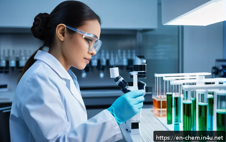 분석화학 기초 - A modern analytical chemistry laboratory scene showing a scientist wearing a lab coat and safety gla...