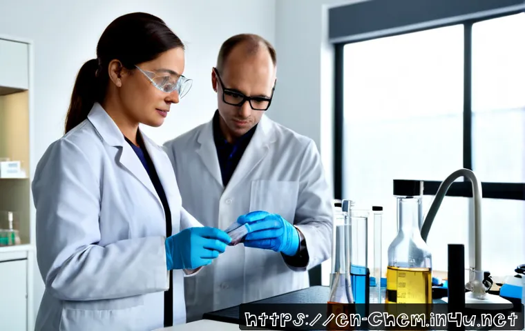 화학 윤리 - Photorealistic chemistry ethics scene in a modern research laboratory, diverse team of adult scienti...