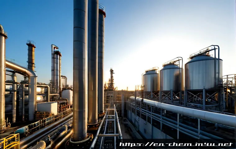 석유화학 산업 - Photorealistic wide-angle view of a modern petrochemical refinery at golden hour, tall distillation ...