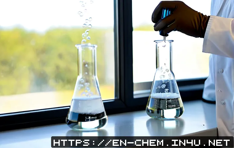 촉매의 역할 - Photorealistic chemistry laboratory scene showing the role of a catalyst, two identical clear glass ...