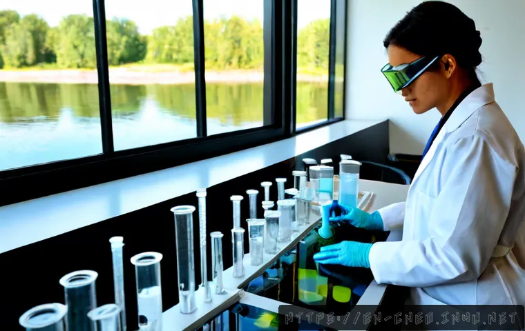 환경과 화학 연구 - Photorealistic environmental chemistry research laboratory, diverse adult scientist in protective go...