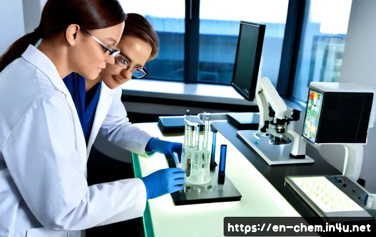 화학 연구 동향 - Photorealistic modern chemistry research laboratory, a diverse team of scientists in clean white lab...