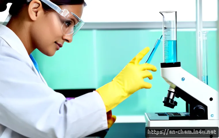 Home 17 인공지능을 이용한 화학 실험 - Photorealistic modern chemistry laboratory, a diverse research scientist in full safety goggles, lab...